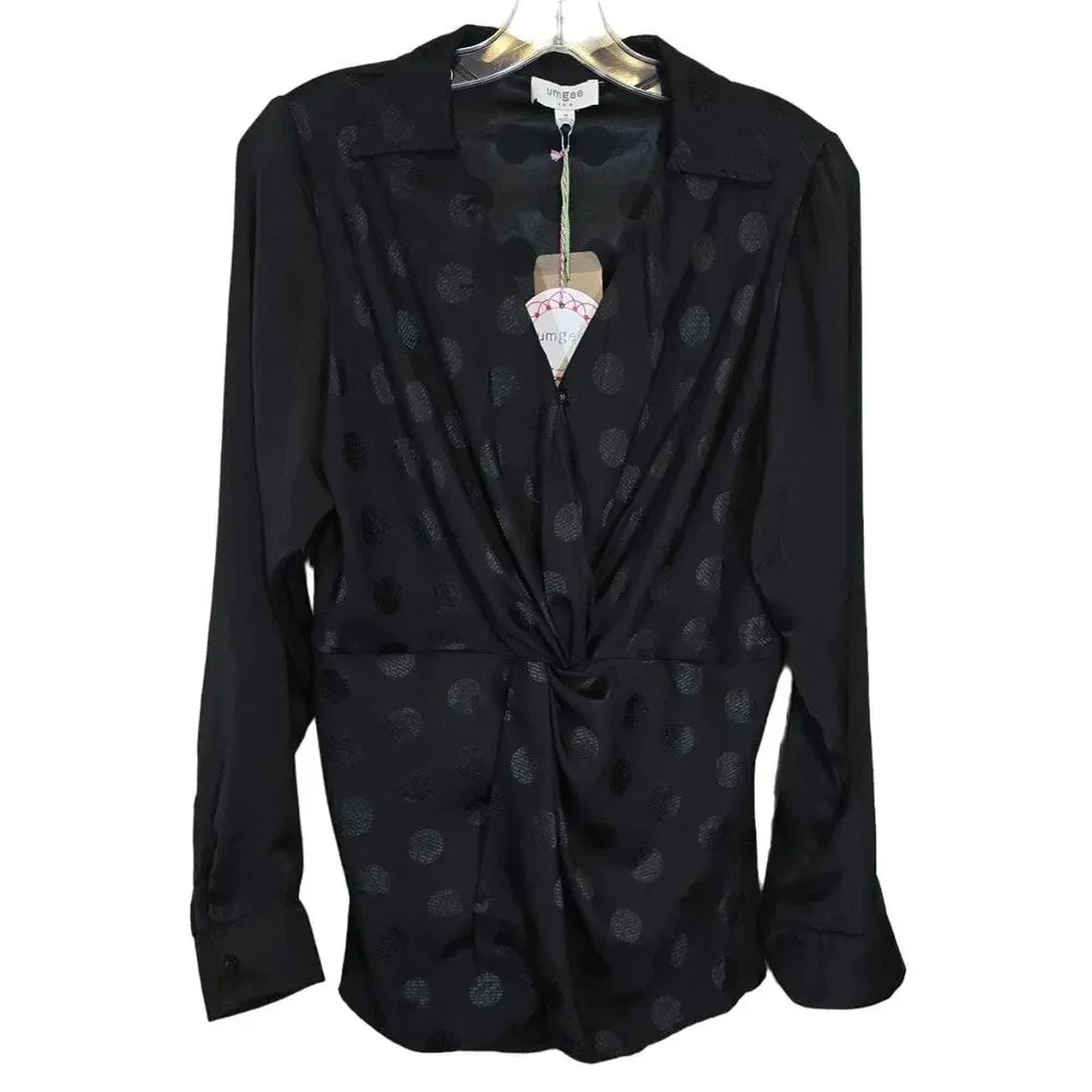 Umgee Polka-Dot V-Neck Pullover Blouse Top Black Size Medium New Work Office